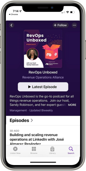 Mobile phone image of RevOps Podcast show hosted by speaker Sandy Robinson